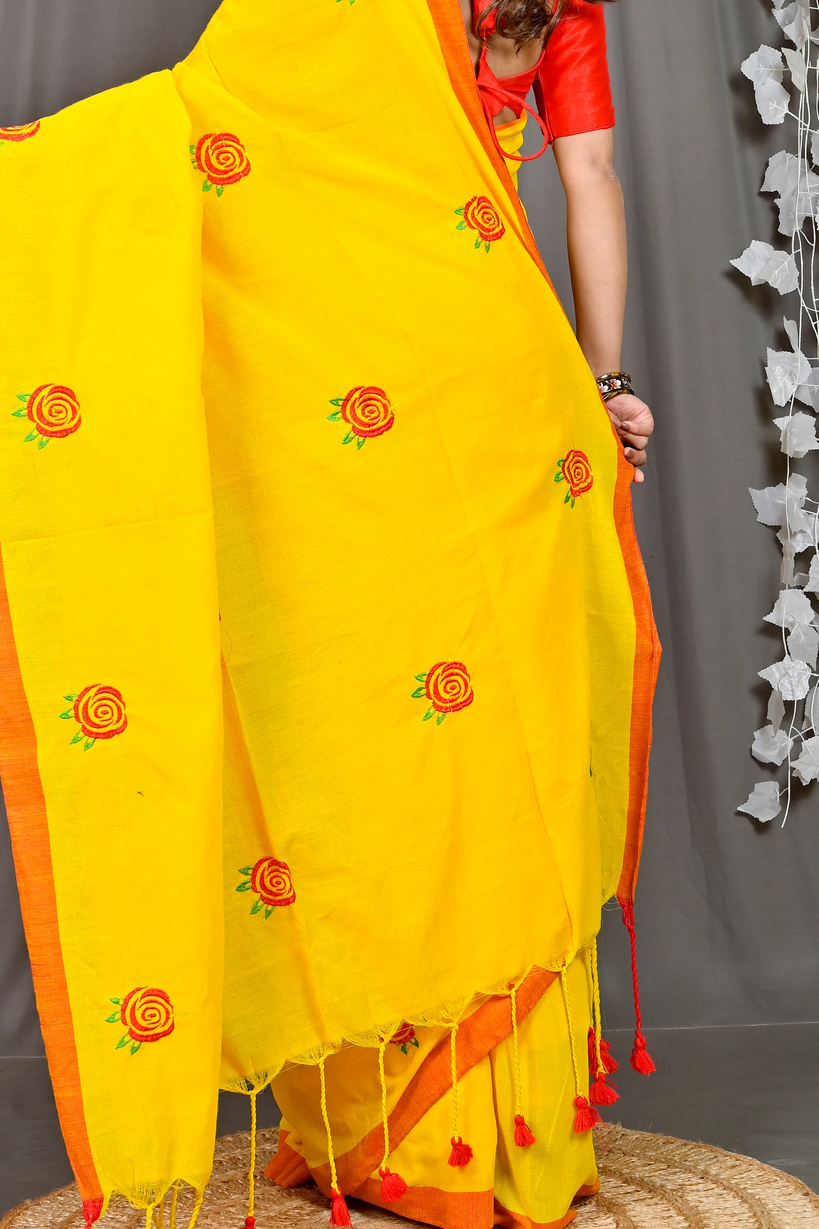 Yellow Red Pure Cotton Parag Embroidery Handloom saree (207)